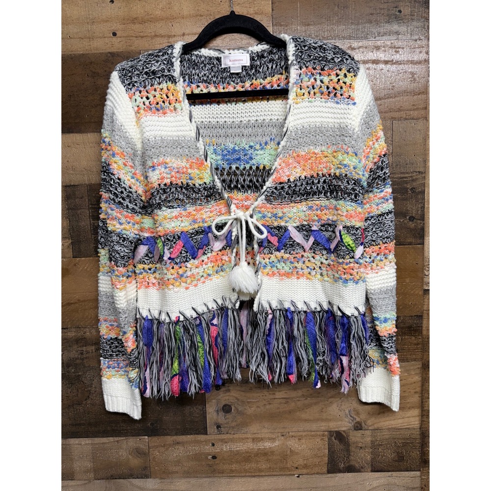 Kamana Boho XL Multi Color Striped Fringe Knit‎ Cardigan Pom Pom Tie Sweater